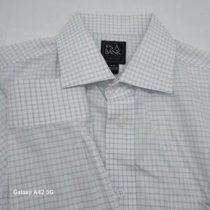 Jos. A. Bank Traveler Mens 16 34 Dress Shirt White Blue Green Check Cotton Long